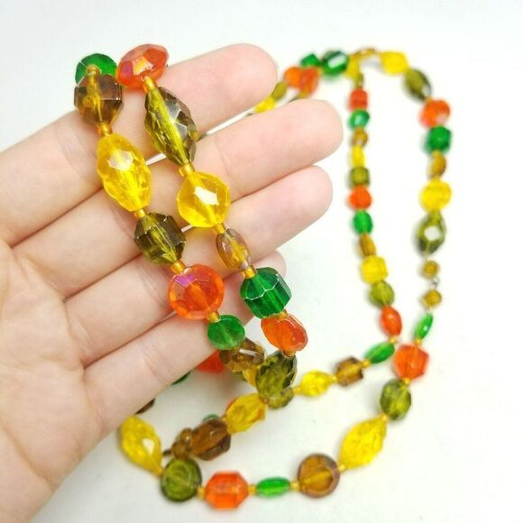 Vintage Long Beaded Single Strand Yellow Green Orange Plastic Necklace, 60s 70s - Picture 2 of 6